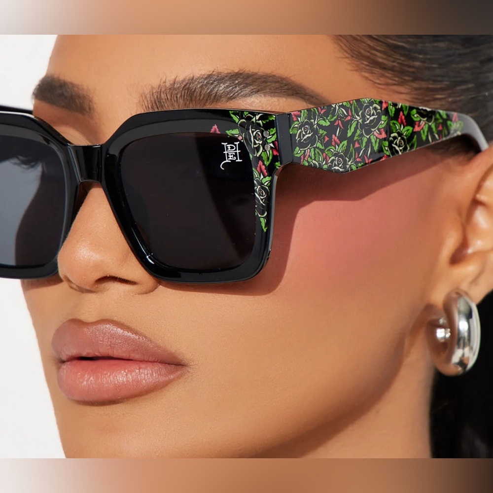 Ed Hardy Black Sunglasses with Green & Pink Floral Temples.  NOT FOR SALE
